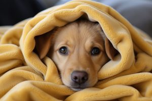 Labrador puppy peacefully curled up in a cozy sherpa blanket